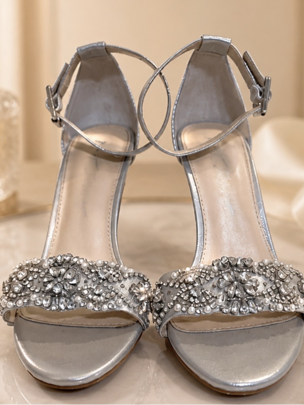 BETSEY JOHNSON Gina Shoe Stilettos Heels Rhinestone Pearl Sandal Silver Wedding